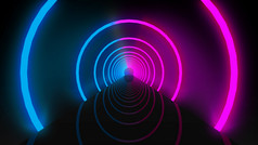 呈现发光的紫罗兰色的和蓝色的梁光圆形环隧道洞墙背景