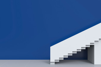 呈现现代白色楼梯与蓝色的复制空间墙背景