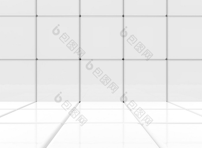 呈现摘要白色圆形的广场多维数据集盒子形状瓷砖墙和地板上背景