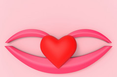 呈现红色的心嘴唇形状对象与复制空间粉红色的墙背景