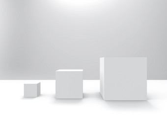 呈现简单的白色广场多维数据集盒子从小大行灰色的背景