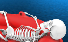 呈现人类骨架骨说谎红色的生活救援船独自一人蓝色的水表面背景与剪裁路径