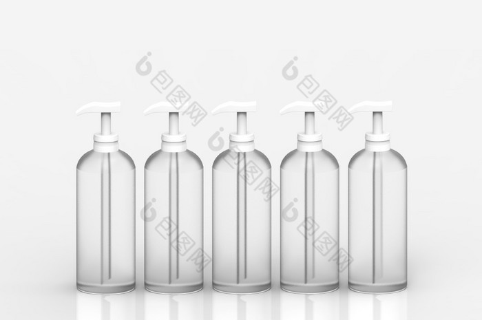 呈现空标签白色透明的液体玻璃瓶行灰色的背景