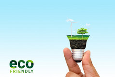 绿色生态能源风涡轮和树日益增长的内部光灯泡认为绿色和生态混合媒体