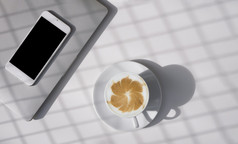 阳光和影子模式表面热拿铁艺术咖啡白色陶瓷杯与空白聪明的电话和灰色移动PC表格前咖啡商店