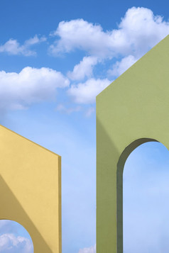 低角视图黄色的和绿色托斯卡纳拱墙对白色云蓝色的天空垂直框架