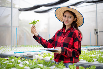 亚洲女人<strong>农民</strong>使用平板电脑和笔记本为检查的质量有机<strong>蔬菜种植</strong>使用水培法