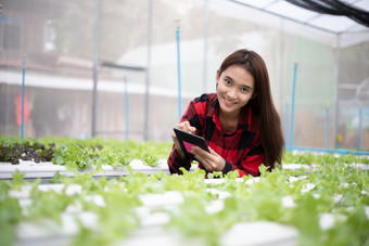 亚洲女人<strong>农民</strong>使用平板电脑和笔记本为检查的质量有机<strong>蔬菜种植</strong>使用水培法