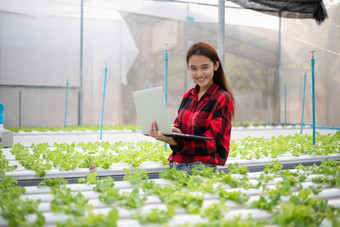 亚洲女人农民使用平板电脑和笔记本为检查的质量有机蔬菜种植使用水培法