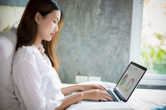 亚洲女人使用<strong>笔记本电脑</strong>为工作<strong>首页</strong>和她坐着她的床上和她检疫在的冠状病毒疫情