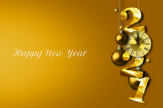 快乐新一年庆祝活动概念装饰挂与球明星和古董时钟黄金颜色背景呈现插图设计