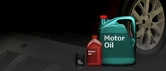 电动机石油和石油过滤器黑色的背景与轮和引擎双曝光背景复制空间