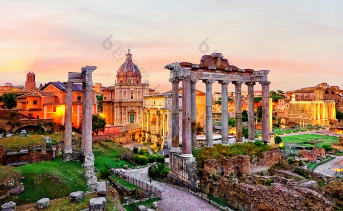 罗马论坛日落废墟罗马论坛罗马意大利旅行概念照片股票