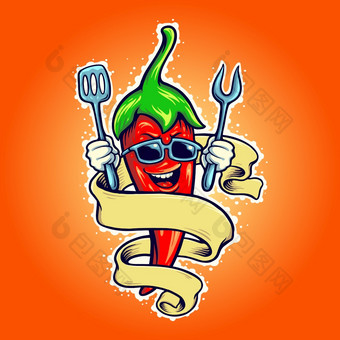 微笑辣椒烹饪与丝带向量插图为你的工作标志吉祥物商品t恤贴纸和标签设计海报问候卡片广告业务公司品牌
