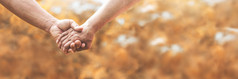 高级夫妇持有手在一起在自然背景秋天情人情人节一天概念横幅
