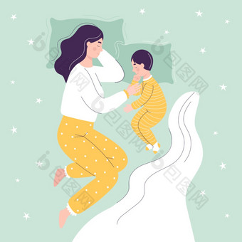 美丽的妈妈和儿子是睡觉床上的概念孩子们睡觉在一起与父母平向量卡通插图