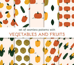 集无缝的模式与蔬菜和水果食物背景食谱餐厅菜单健康的食物素食主义平向量插图