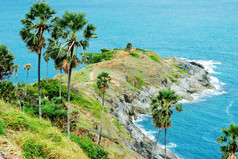 普罗姆贴角山岩石那扩展成的海视图点日落普吉岛泰国