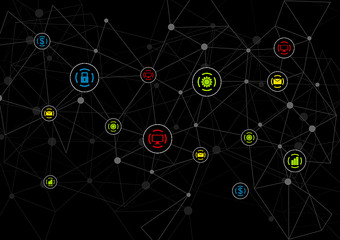 黑色的科技背景与沟通图标黑色的摘要背景与沟通图标黑暗网络设计色彩斑斓的团队合作图标