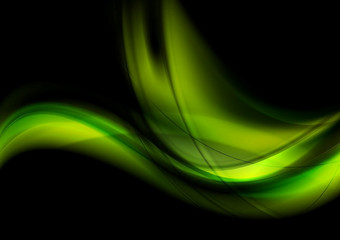 明亮的绿色发光的波黑色的背景明亮的绿色光滑的发光的波黑色的背景