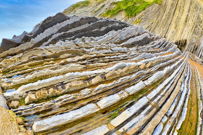 steeply-tilted层飞翔飞翔悬崖巴斯克海岸联合国教科文组织全球地质公园欧洲地质公园网络Zumaiaguipuzcoa巴斯克国家西班牙欧洲