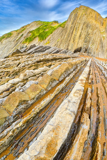 steeply-tilted层<strong>飞翔飞翔</strong>悬崖巴斯克海岸联合国教科文组织全球地质公园欧洲地质公园网络Zumaiaguipuzcoa巴斯克国家西班牙欧洲