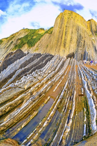 steeply-tilted层飞翔飞翔悬崖巴斯克海岸联合国教科文组织全球地质公园欧洲地质公园网络Zumaiaguipuzcoa巴斯克国家西班牙欧洲