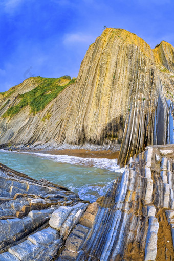 steeply-tilted层<strong>飞翔飞翔</strong>悬崖巴斯克海岸联合国教科文组织全球地质公园欧洲地质公园网络Zumaiaguipuzcoa巴斯克国家西班牙欧洲