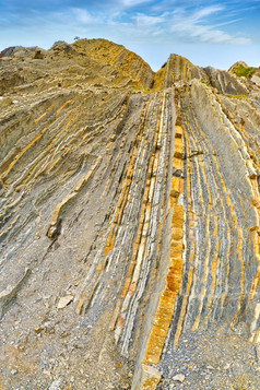 steeply-tilted层飞翔飞翔悬崖巴斯克海岸联合国教科文组织全球地质公园欧洲地质公园网络Zumaiaguipuzcoa巴斯克国家西班牙欧洲