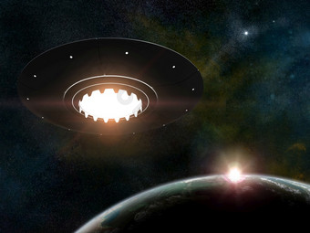 渲染飞行飞碟在星星背景和地球