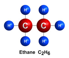 渲染分子结构乙烷孤立的在白色背景资料是代表球体与颜色和化学象征编码氢蓝色的碳红色的