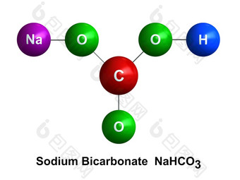 渲染<strong>分子</strong>结构钠碳酸<strong>氢</strong>孤立的在白色背景资料是代表球体与颜色和化学象征编码<strong>氢</strong>蓝色的氧气绿色碳红色的钠紫罗兰色的