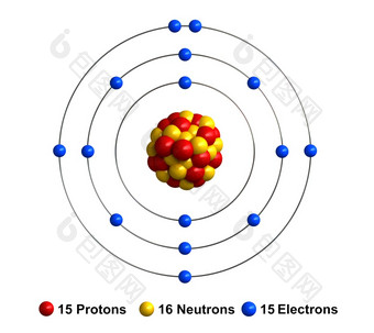 渲染原子结构磷孤立的在白色backgroundprotons是代表红色的球体中子黄色的球体电子蓝色的球体