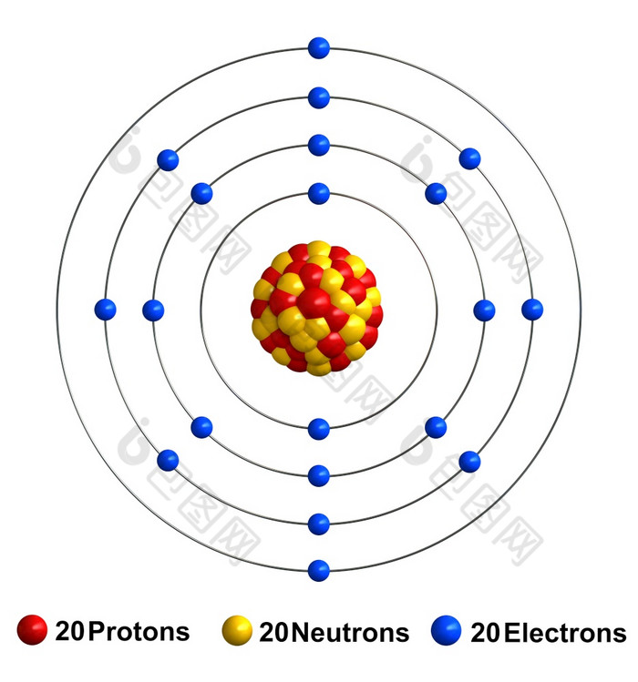 渲染原子结构钙孤立的在白色backgroundprotons是代表红色的球体中子黄色的球体电子蓝色的球体