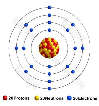 渲染原子结构钙孤立的在白色backgroundprotons是代表红色的<strong>球体</strong>中子黄色的<strong>球体</strong>电子蓝色的<strong>球体</strong>