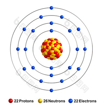 渲染原子结构钛孤立的在白色backgroundprotons是代表红色的<strong>球体</strong>中子黄色的<strong>球体</strong>电子蓝色的<strong>球体</strong>