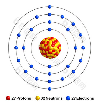 渲染原子结构钴孤立的在白色backgroundprotons是代表红色的球体中子黄色的球体电子蓝色的球体