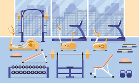 体育运动健身健身房室内锻炼设备平向量插图