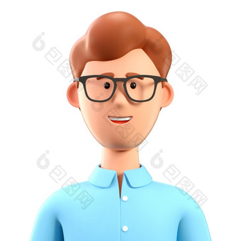 关闭肖像微笑男人。与眼镜蓝色的衬衫插图卡通商人可爱的字符孤立的白色背景