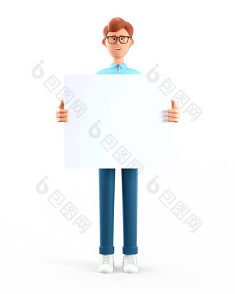 插图微笑快乐商人持有白色空白董事会肖像卡通站男人。显示横幅广告海报孤立的白色背景