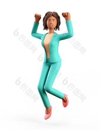 插图快乐的非洲美国女人跳庆祝成功卡通赢得快乐优雅的女商人绿色西装与她的手的空气孤立的白色背景