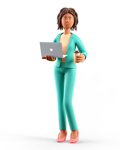 插图微笑非洲美国女人持有移动PC和纸咖啡杯可爱的卡通站优雅的女商人绿色西装孤立的白色背景办公室工作概念
