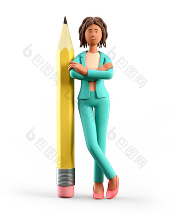 插图微笑非洲美国女人倾斜对的大铅笔可爱的卡通站优雅的女商人和巨大的笔孤立的白色背景