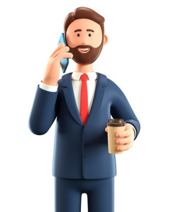 插图快乐男人。会说话的的电话关闭肖像可爱的卡通微笑有胡子的商人使用智能手机和持有咖啡杯孤立的白色背景