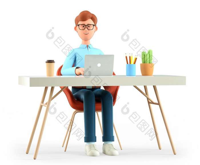 插图微笑可爱的男人。工作的桌子上现代办公室卡通快乐商人自由职业者使用移动PC孤立的白色背景工作场所概念