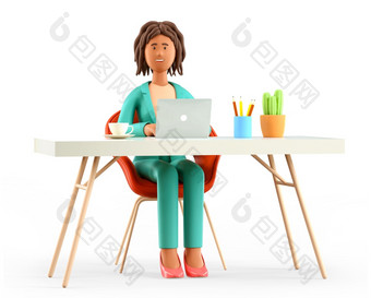 插图快乐微笑非洲美国女人工作的<strong>桌子</strong>上现代办公室<strong>卡通</strong>优雅的女商人自由职业者使用移动PC孤立的白色工作场所概念