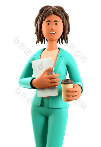 插图微笑非洲美国女人持有平板电脑和纸咖啡杯关闭肖像可爱的卡通站优雅的女商人绿色西装孤立的白色背景