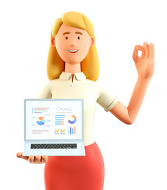 插图美丽的金发女郎女人与手势显示业务图表屏幕移动PC卡通微笑有吸引力的女商人与好吧标志分析infographics和图