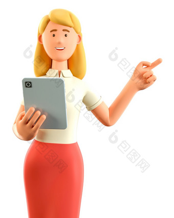 插图美丽的金发女郎女人持有<strong>平板</strong>电脑和指出手指方向可爱的<strong>卡通</strong>微笑有吸引力的女商人使用社会网络和工作办公室应用程序