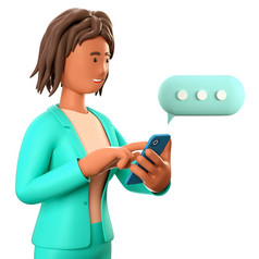 插图非洲美国女人聊天的智能手机与演讲泡沫卡通女商人会说话的和打字的电话社会网络沟通移动连接概念